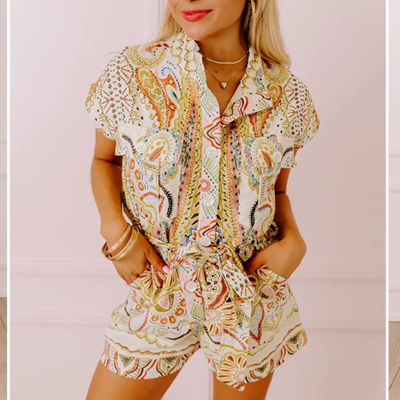 Fate Pants - Boutique Multicolor Printed Tie-Waist Romper – Fate - Size S